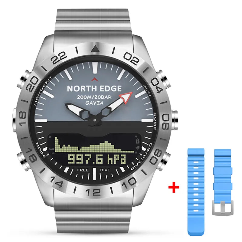 Explora las profundidades con este reloj de buceo digital NORTH EDGE, resistente al agua hasta 200m y equipado con una correa intercambiable azul vibrante, ideal para aventuras de buceo y equipamiento de deportes acuáticos.