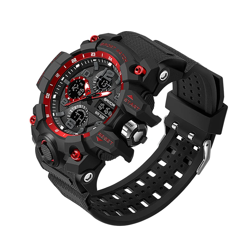Reloj deportivo táctico negro con acentos rojos, cronógrafos funcionales y botones prominentes, ideal para la práctica de airsoft y como parte del equipamiento militar.