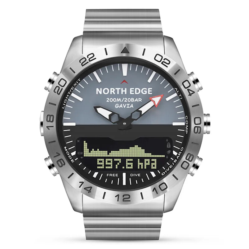 Reloj de buceo NORTH EDGE, el compañero perfecto para tus excursiones submarinas y actividades de airsoft, con un diseño resistente al agua hasta 200m y características de alta tecnología para monitorizar tu buceo.