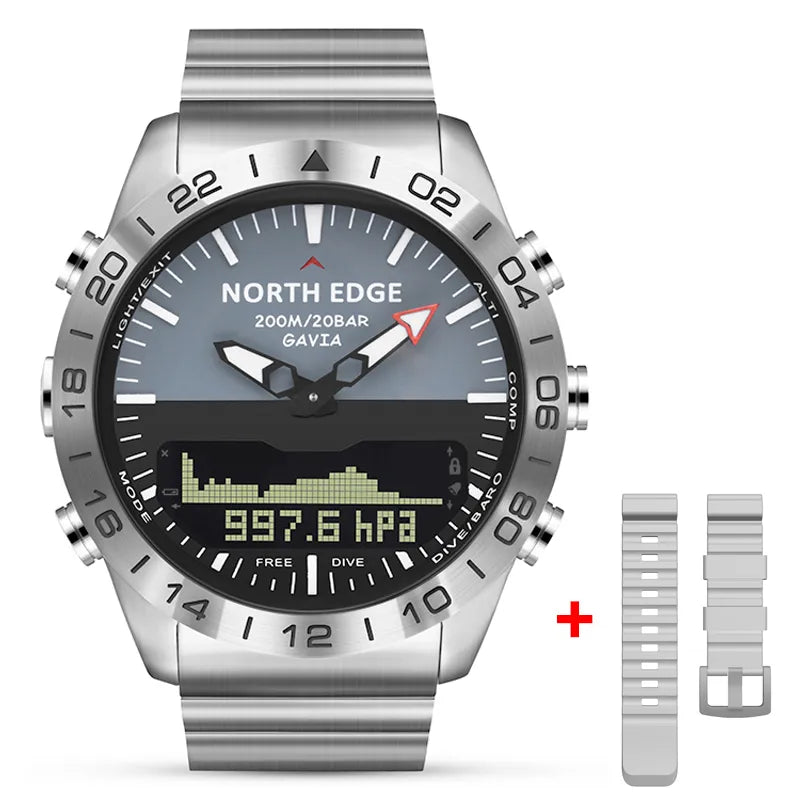 Reloj NORTH EDGE GAVIA con pantalla digital y correa de acero inoxidable, diseñado para deportes extremos, buceo y actividades de airsoft, con robustez militar y funcionalidad avanzada.