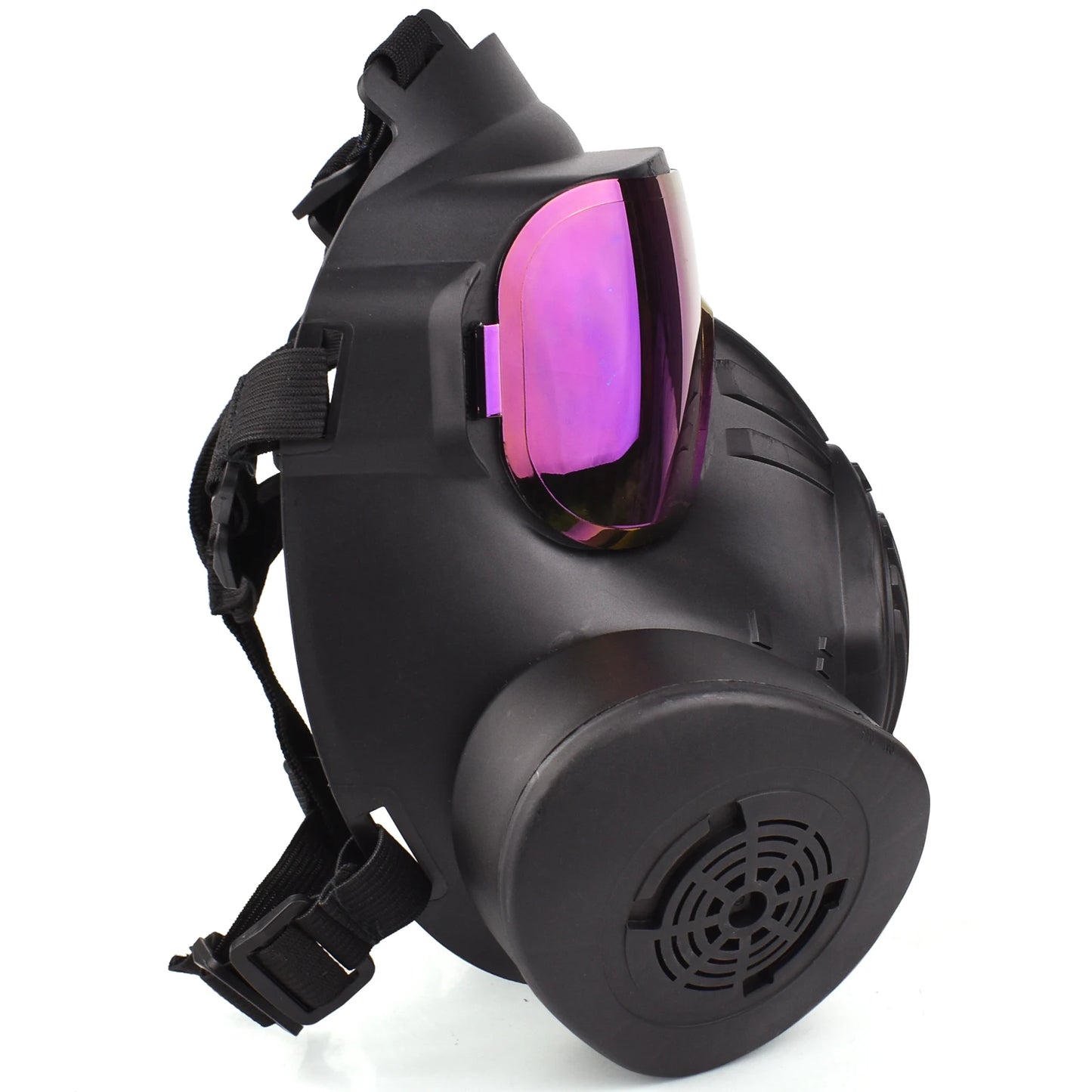 Vista lateral de máscara táctica de airsoft en negro con lente tintado en tonos púrpuras, ofreciendo protección lateral y un ajuste seguro para actividades de equipamiento militar.