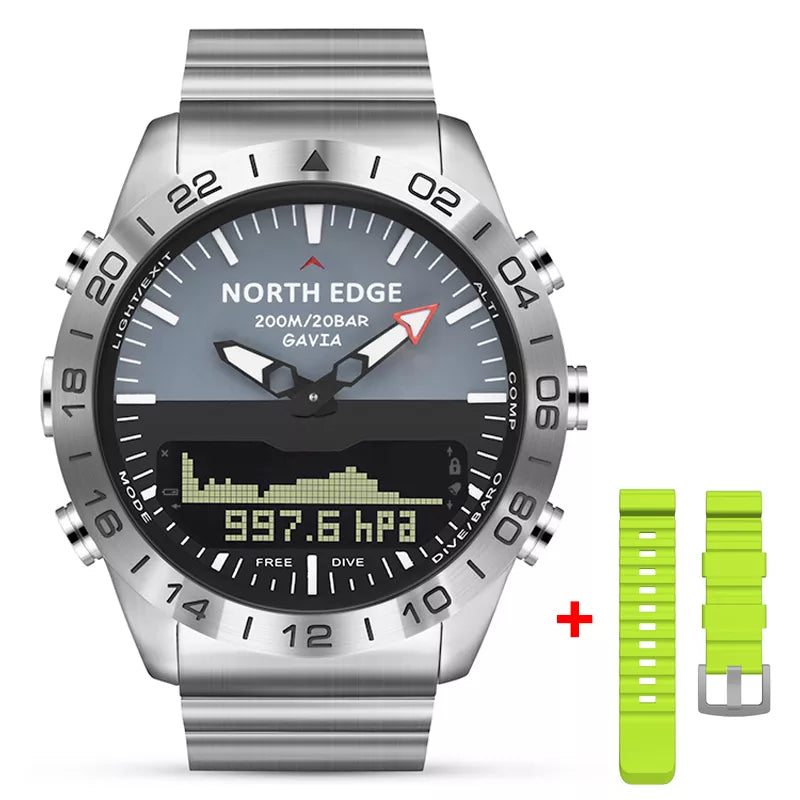 Completa tu equipamiento militar con el reloj NORTH EDGE GAVIA, resistente y fiable para buceo, con una correa verde llamativa que garantiza visibilidad y durabilidad en condiciones extremas.