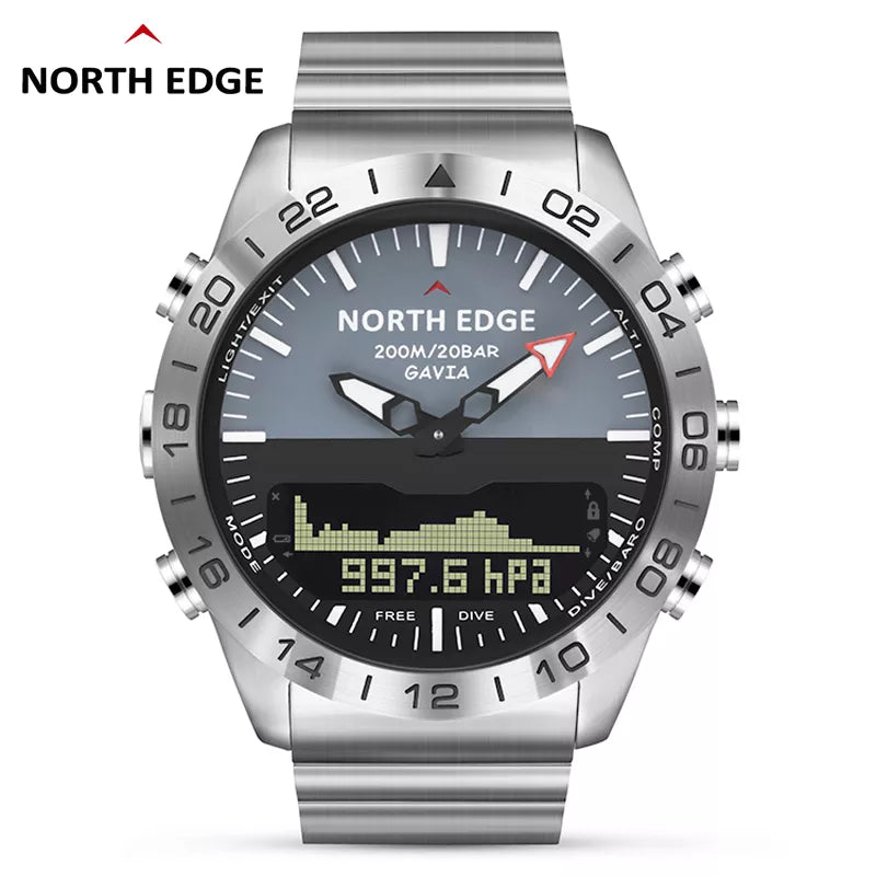 El reloj de buceo NORTH EDGE GAVIA es una pieza de equipamiento esencial para cualquier entusiasta de los deportes acuáticos y del airsoft, con una resistencia al agua de 200m/20bar y una pantalla digital que muestra la presión atmosférica en tiempo real. Su diseño robusto y su correa de acero inoxidable lo hacen ideal para el uso militar y recreativo.