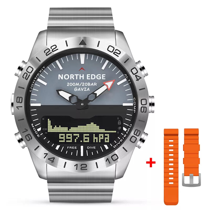Este reloj táctico de NORTH EDGE combina funcionalidad y estilo con una correa naranja intercambiable, esencial para cualquier kit de equipamiento de airsoft y actividades al aire libre.
