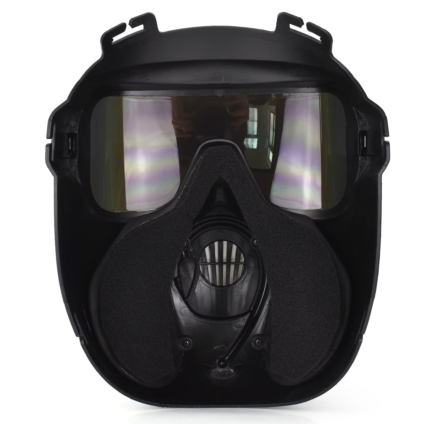 Máscara de protección integral para airsoft en color negro mate, con amplia visibilidad y respiradores integrados, diseñada para ofrecer confort y protección en entrenamientos militares y recreativos.