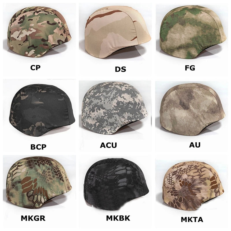Colección completa de fundas de casco de airsoft, presentando una variedad de patrones de camuflaje como CP, DS, FG, adecuados para cualquier escenario de airsoft y requisitos militares.