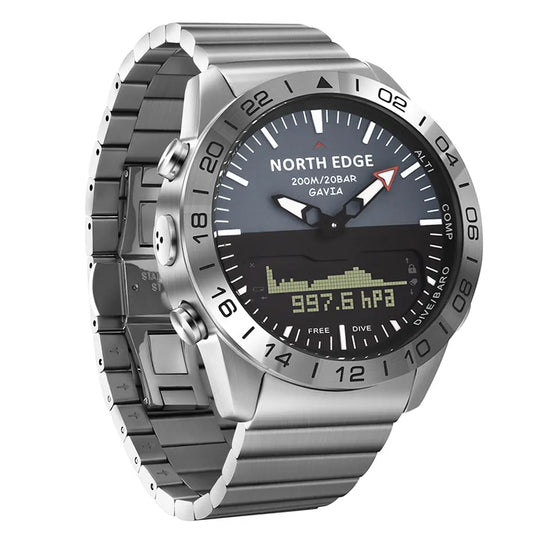 Este modelo de reloj NORTH EDGE GAVIA con correa de metal es un testimonio de la resistencia y el estilo, preparado para acompañarte tanto en actividades de airsoft como en inmersiones profundas.