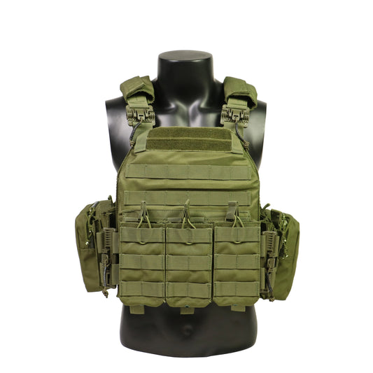 Chaleco táctico verde para airsoft, con configuración de almacenamiento amplio y sistema MOLLE para adaptarse a cualquier situación de entrenamiento militar.
