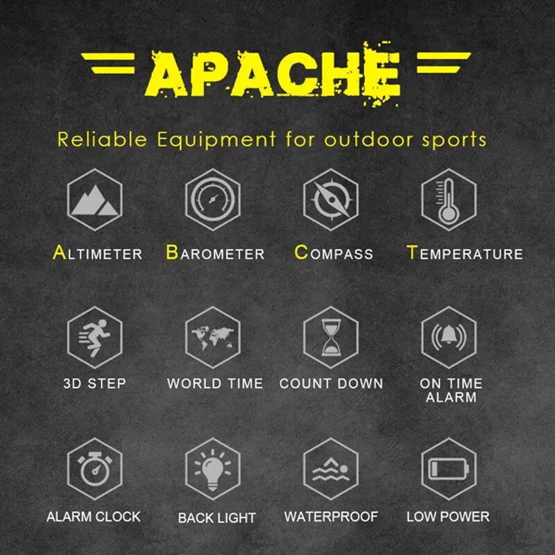 Reloj táctico multifunción Apache con altímetro y barómetro, ideal para equipamiento militar y entusiastas del airsoft, resistente al agua y con funcionalidades para deportes al aire libre.