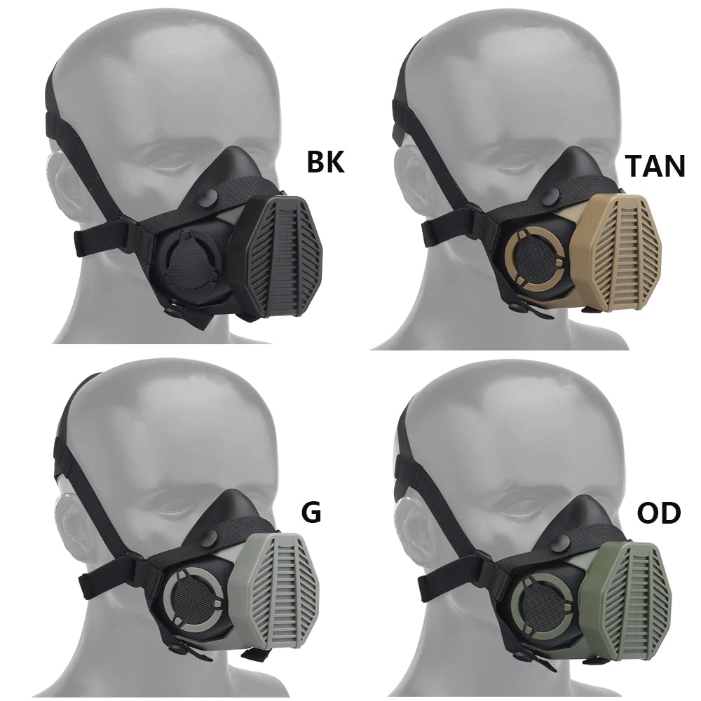 Imagen con 4 respiradores faciales: negro, tan, gris y olive drab. Variedad de opciones para combinar con uniformes y protección en actividades tácticas y de airsoft.