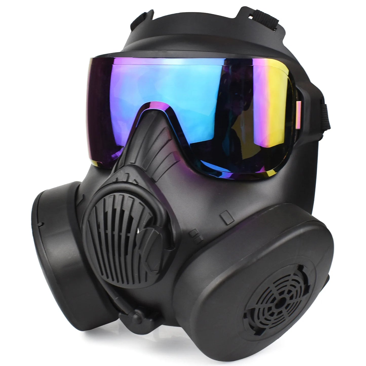 Máscara de airsoft con acabado en negro y lentes reflectantes multicolor, que proporciona una barrera robusta y un estilo distintivo para juegos tácticos y entrenamiento militar.