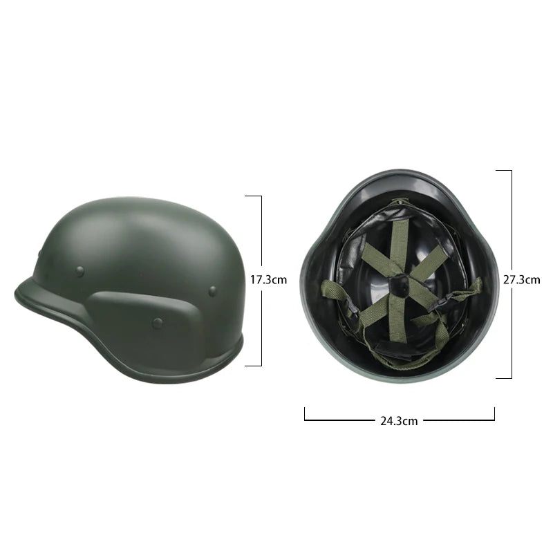 Casco táctico verde oliva con dimensiones detalladas, ofreciendo protección y confort con un sistema interno de suspensión ajustable, adecuado para airsoft y entrenamiento militar.