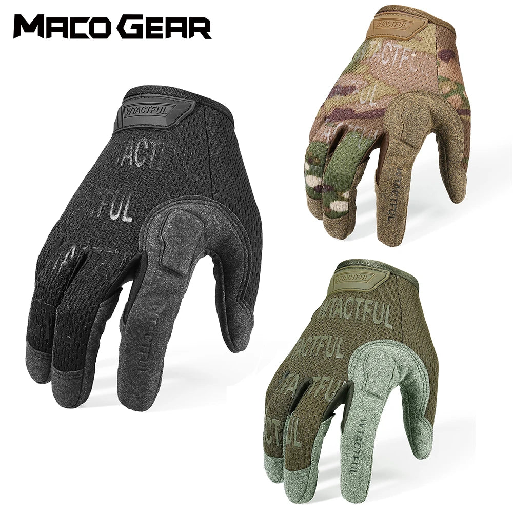 Guantes tácticos de airsoft en camuflaje multicam, oliva y negro con refuerzos para el equipo militar.