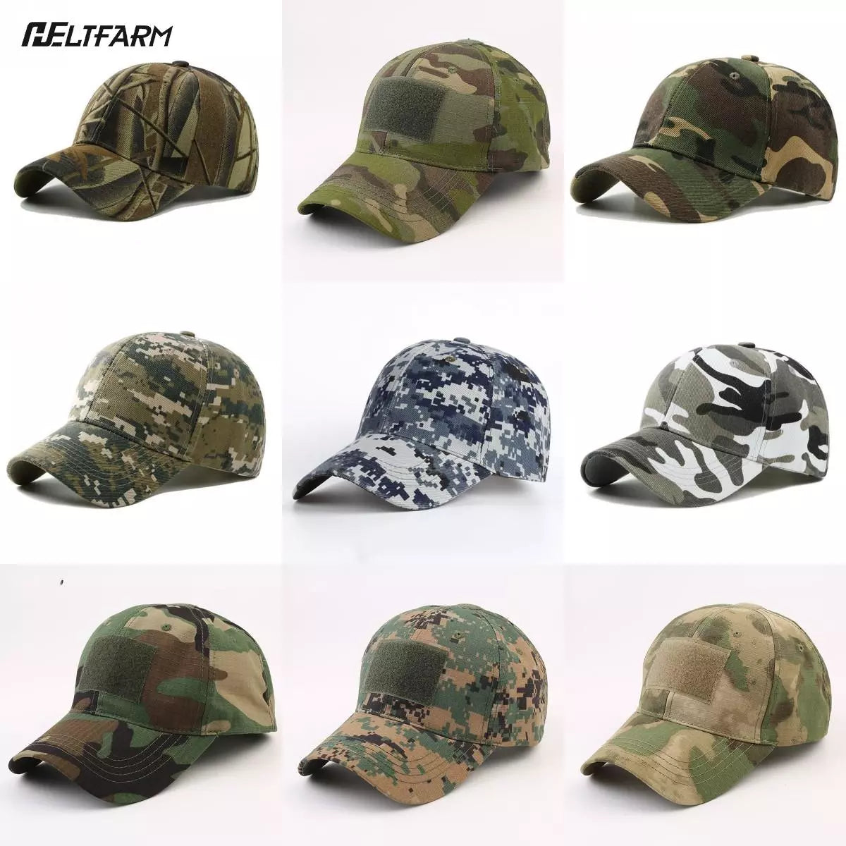 Variada colección de gorras de camuflaje para airsoft, incluyendo estilos digitales, clásicos y urbanos. Perfectas para adaptarse a cualquier entorno y complementar tu equipamiento militar.