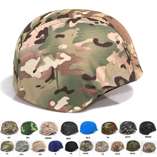 Amplia selección de fundas de casco de airsoft en una gama de colores y patrones de camuflaje, desde negro táctico hasta camuflajes especializados, adecuadas para personalizar el equipo militar a las necesidades del terreno.