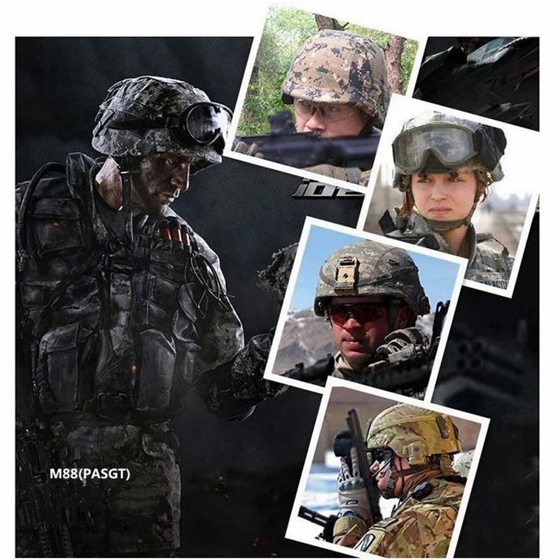Imagen de collage mostrando el casco táctico M88(PASGT) en uso por personal militar en diversas situaciones de combate, resaltando su versatilidad y adaptabilidad en diferentes condiciones.