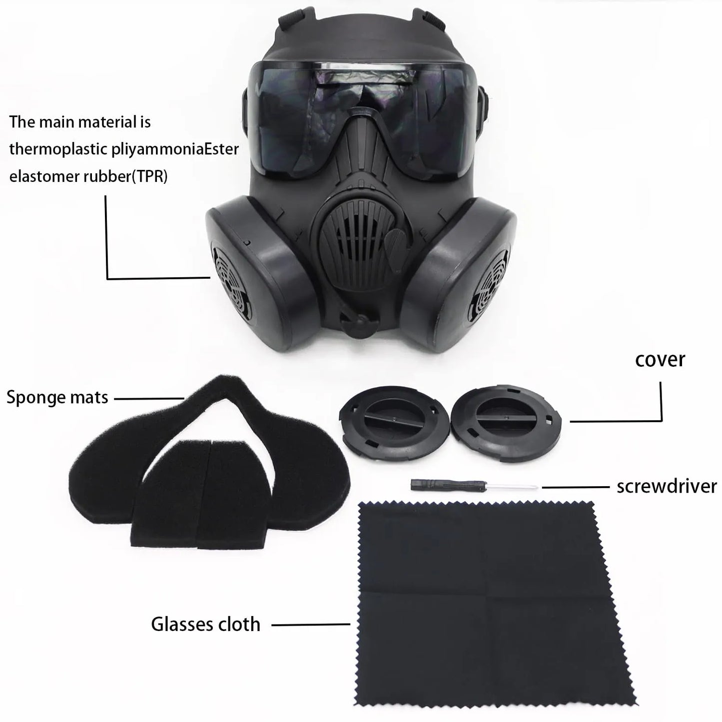 Kit completo de máscara de airsoft con material de elastómero termoplástico, almohadillas de esponja, cubiertas de lente y paño de limpieza, para un equipamiento militar completo y listo para la acción.