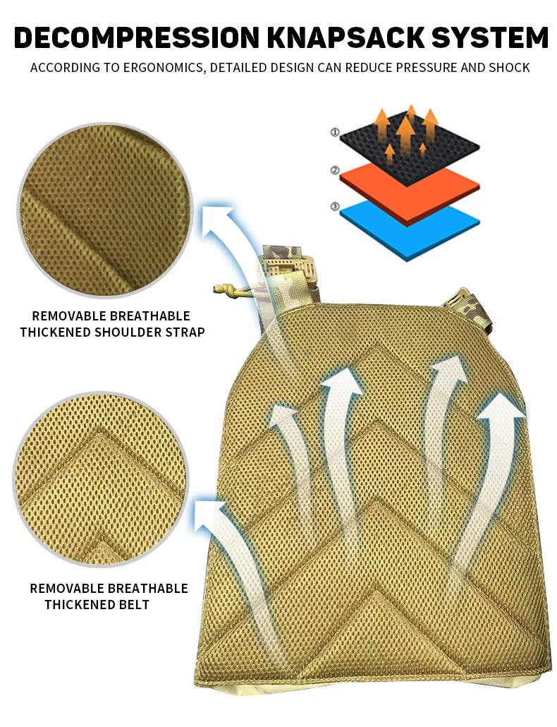 Innovador sistema de mochila táctica con tecnología de descompresión, diseñado ergonómicamente para reducir la presión y el impacto durante las actividades de airsoft, con correas de hombro y cinturón gruesas y removibles.