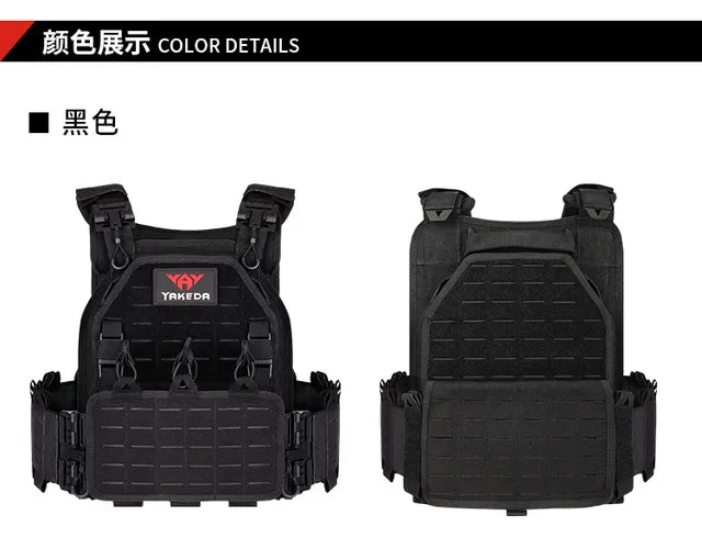 Chaleco táctico negro para airsoft con sistema de ajuste y sujeción rápida, diseñado para uso militar y actividades de campo prolongadas.