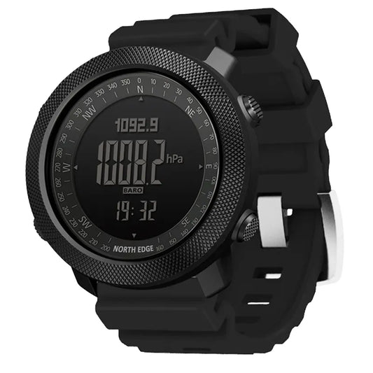 Vista frontal del reloj táctico Apache de North Edge con correa de silicona, pantalla que muestra barómetro y hora, ideal para entusiastas del airsoft que valoran la funcionalidad militar.
