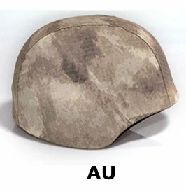 Funda de casco de airsoft con patrón de camuflaje AU, diseñada para operaciones en entornos desérticos y áridos, perfecta para ejercicios militares de simulación.