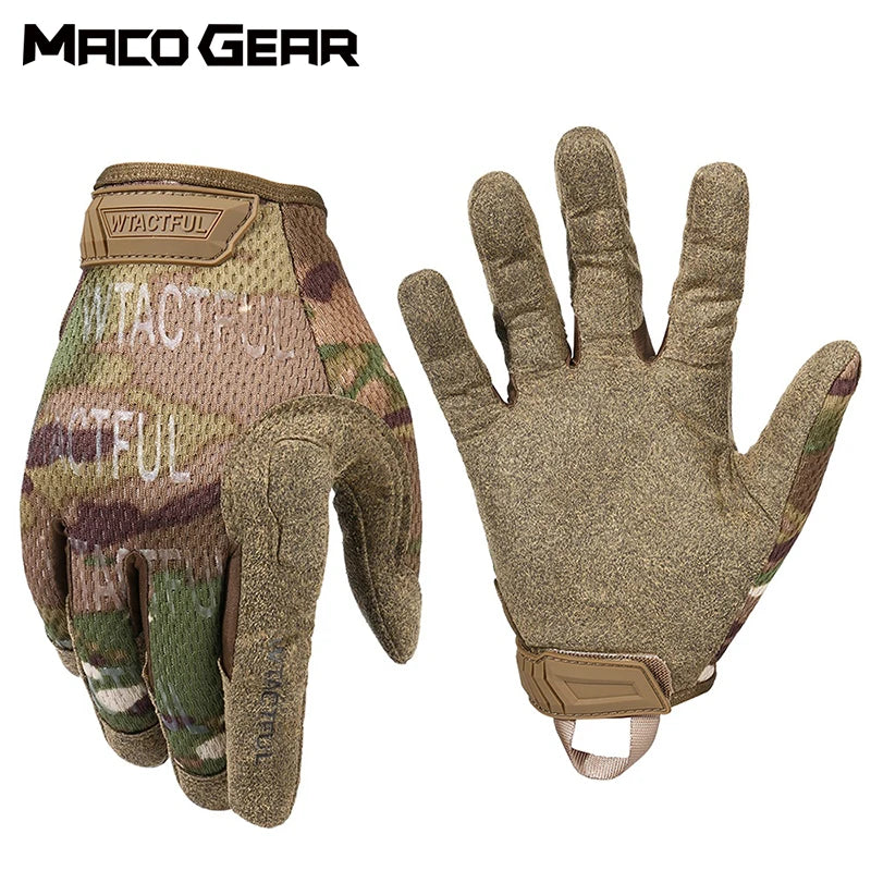 Vista frontal y dorsal de guante de airsoft táctico en camuflaje, diseño adaptado a necesidades de equipamiento militar