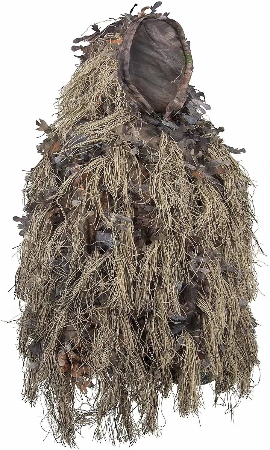 Vista frontal del traje de camuflaje tipo ghillie para airsoft, mezclando tonos beige y marrón para una perfecta integración en entornos naturales, parte de un equipamiento militar especializado.