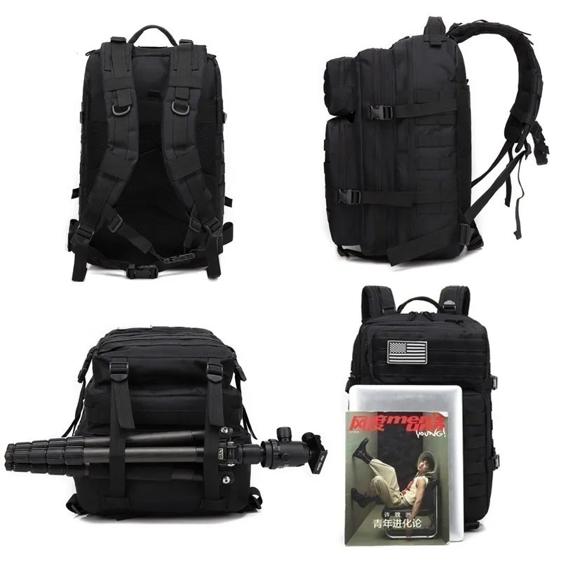 Mochila táctica negra de airsoft con varios compartimentos y correas ajustables, demostrando su versatilidad para transportar equipo militar y personal.