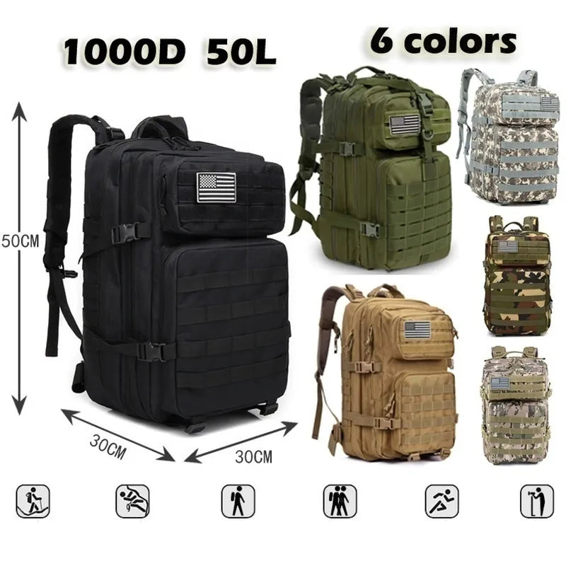 Colección de mochilas tácticas de airsoft disponibles en seis colores, destacando la robustez de 1000D y capacidad de 50L, adecuadas para todo tipo de equipamiento militar.