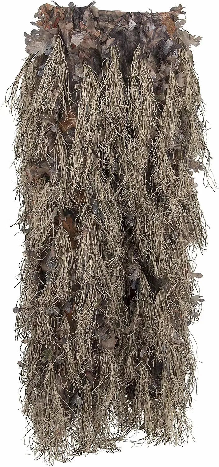 Equipo de camuflaje ghillie de color tierra para airsoft, con hojas y hierba sintética, perfecto para un camuflaje avanzado en escenarios militares y de entrenamiento de supervivencia.