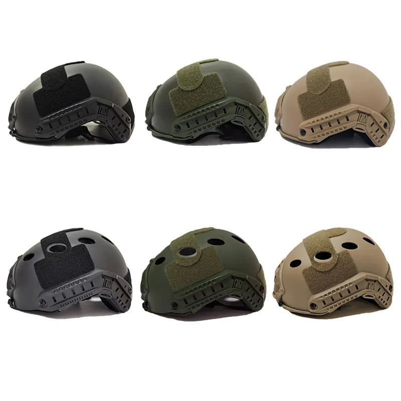 Variedad de cascos H50 de airsoft en colores tácticos, diseñados para adaptarse a diferentes entornos de simulación militar y ofrecer protección versátil.