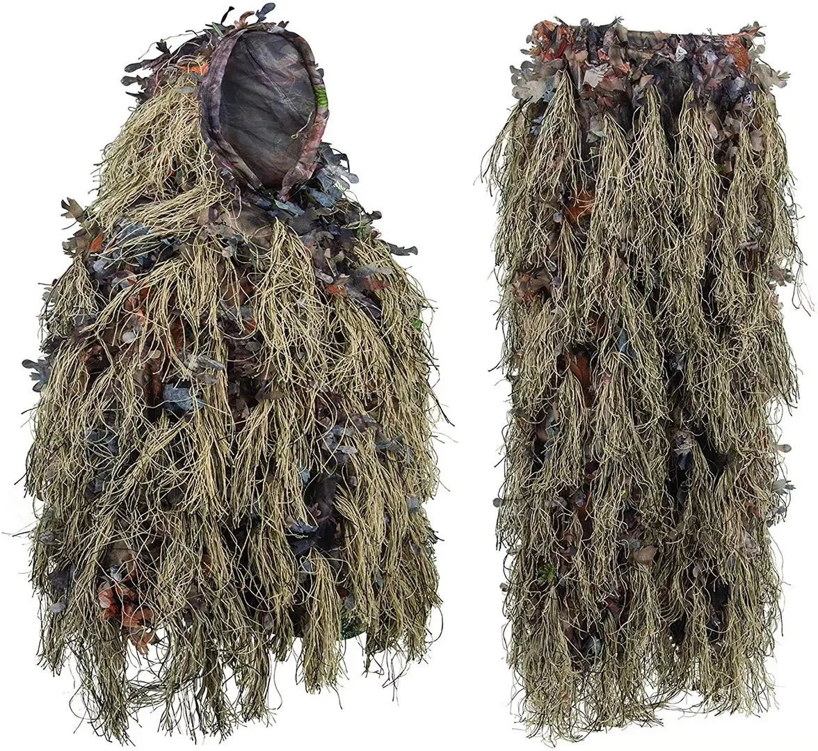 Traje ghillie de alta calidad para airsoft y tácticas de ocultación militar, con patrón de camuflaje realista y material transpirable, ideal para la invisibilidad en terrenos variados.