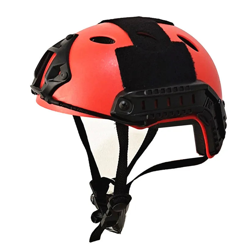 Vibrante casco de airsoft rojo H50 con montura NVG frontal y sistema de rieles laterales, ideal para partidas de airsoft que requieren equipamiento militar táctico y visibilidad.